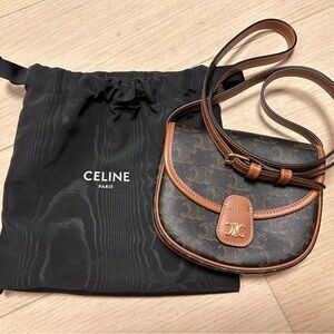 Celine Mini Besace in Triomphe Canvas and Calfskin Tan Crossbody bag